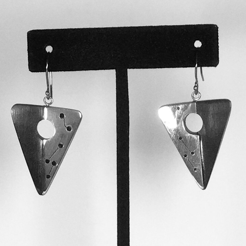 Wood Silver Triangle Triangular Dangle Earrings - image 4